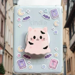 Cute Ghost Cat Phone Grip, Pink Kawaii Cat Grip with Bats and Stars, Spooky Phone Holder for Halloween Fans