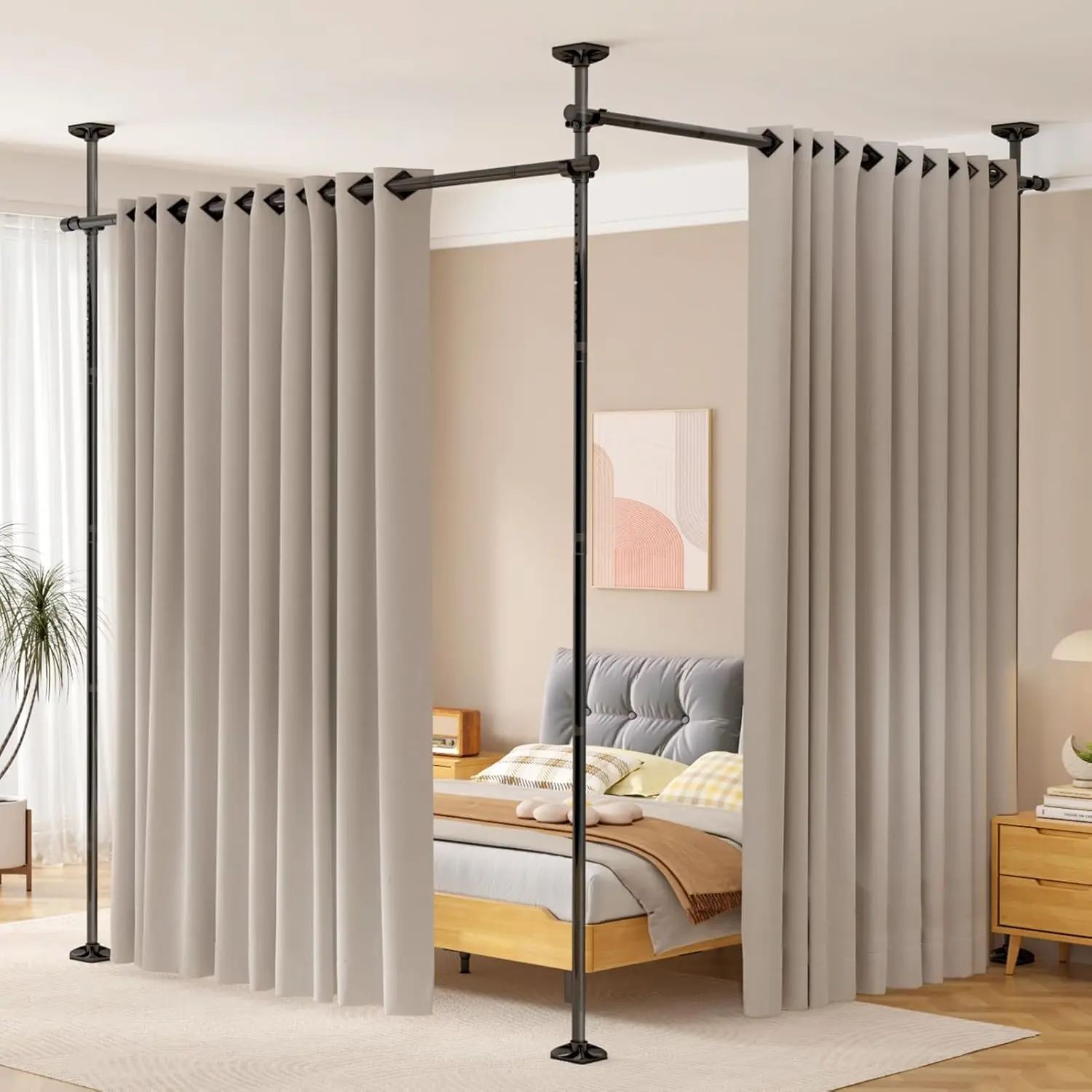 Heavy-Duty Telescopic Curtain Rod - No Drilling Stainless Steel Freestanding Tension Stand for Indoor Room Separation, Adjustable Size 4-10ft(H) 28-114in(W) Black Partition Wall Divider