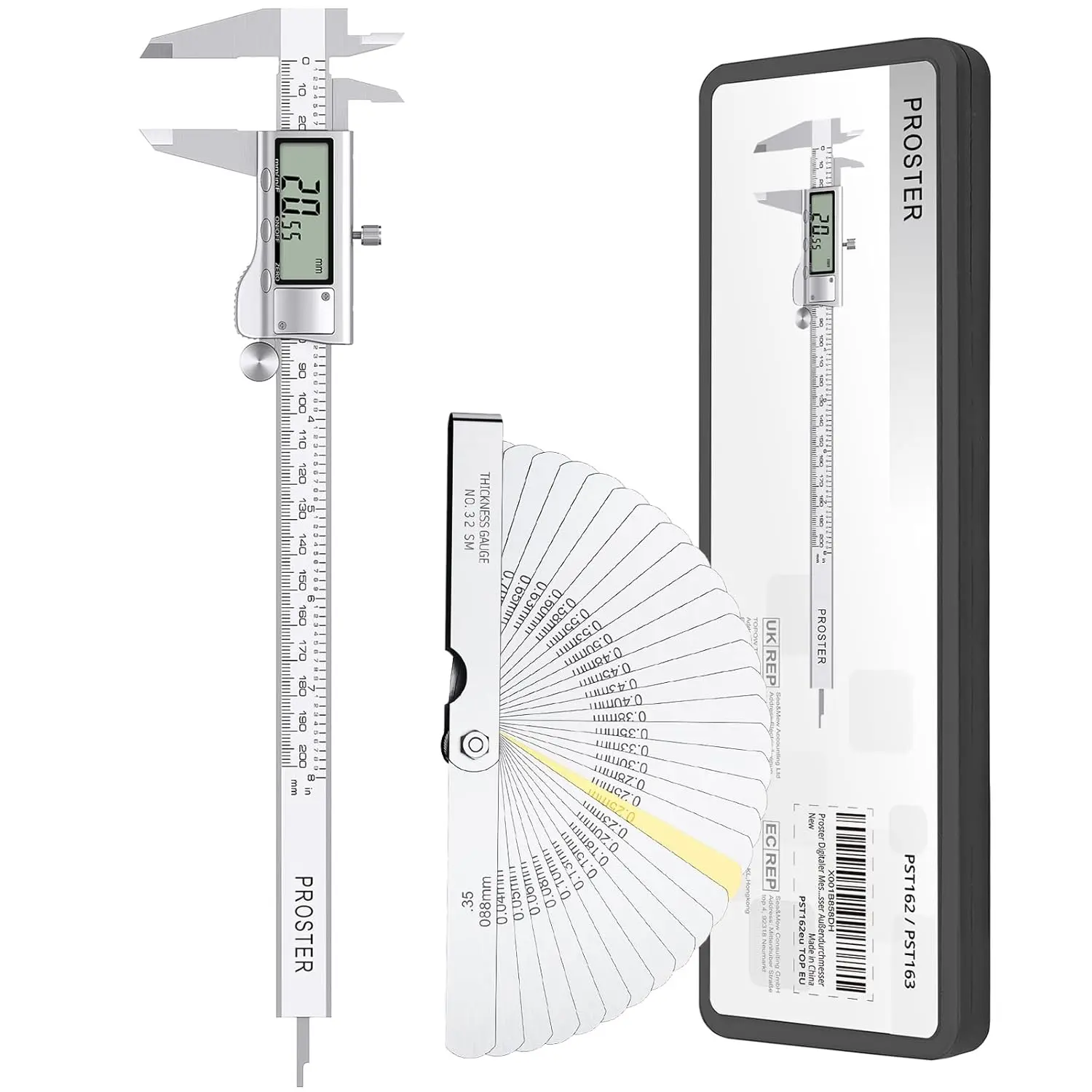 Proster 8 inch (0 - 200Mm) Stainless Steel Digital Vernier Caliper with 32-Blade Feeler Gauge, 3 Measuring Modes, Large LCD Screen, 0.001"/0.02mm Accuracy