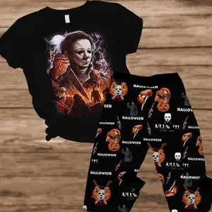 Michael Myers Pajamas Set Horror Movie Pajamas Shortsleeve Cotton-like Fabric Loungewear Breathable Check Printed Nightwear for Womenswear Summer Season