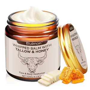 Bluimon Whipped Grass-Fed Beef Tallow Honey Balm 4.23 Oz-Plastic Bottled Organic Moisturizing Cream for Soft Smooth Skin Handmade All-Natural Tallow & Honey Face & Body Moisturizer