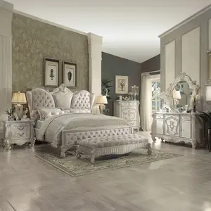 Acme 21150Q 4 pc Versailles Bone White Finish Wood Faux Leather Headboard Queen Bedroom Set with Nightstand Dresser Mirror and Vintage Charm