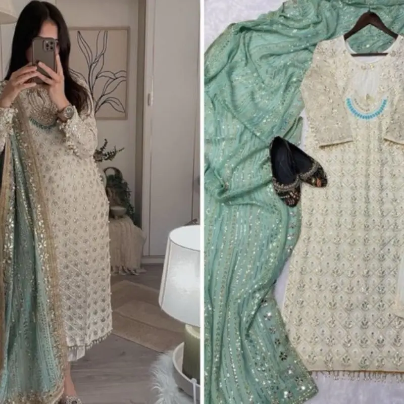 Women's Pakistani Casual 2-Piece Outfit - Long Sleeve Long Tunic with Dupatta, White & Gold Floral Design, Cultural Fashion for Summer Wear, Dress