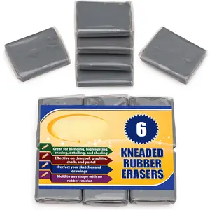 Kneaded Rubber Erasers, Gray, 6 Pack - Blend, Shade, Smooth, Correct, and Brighten Your Sketches and Drawings