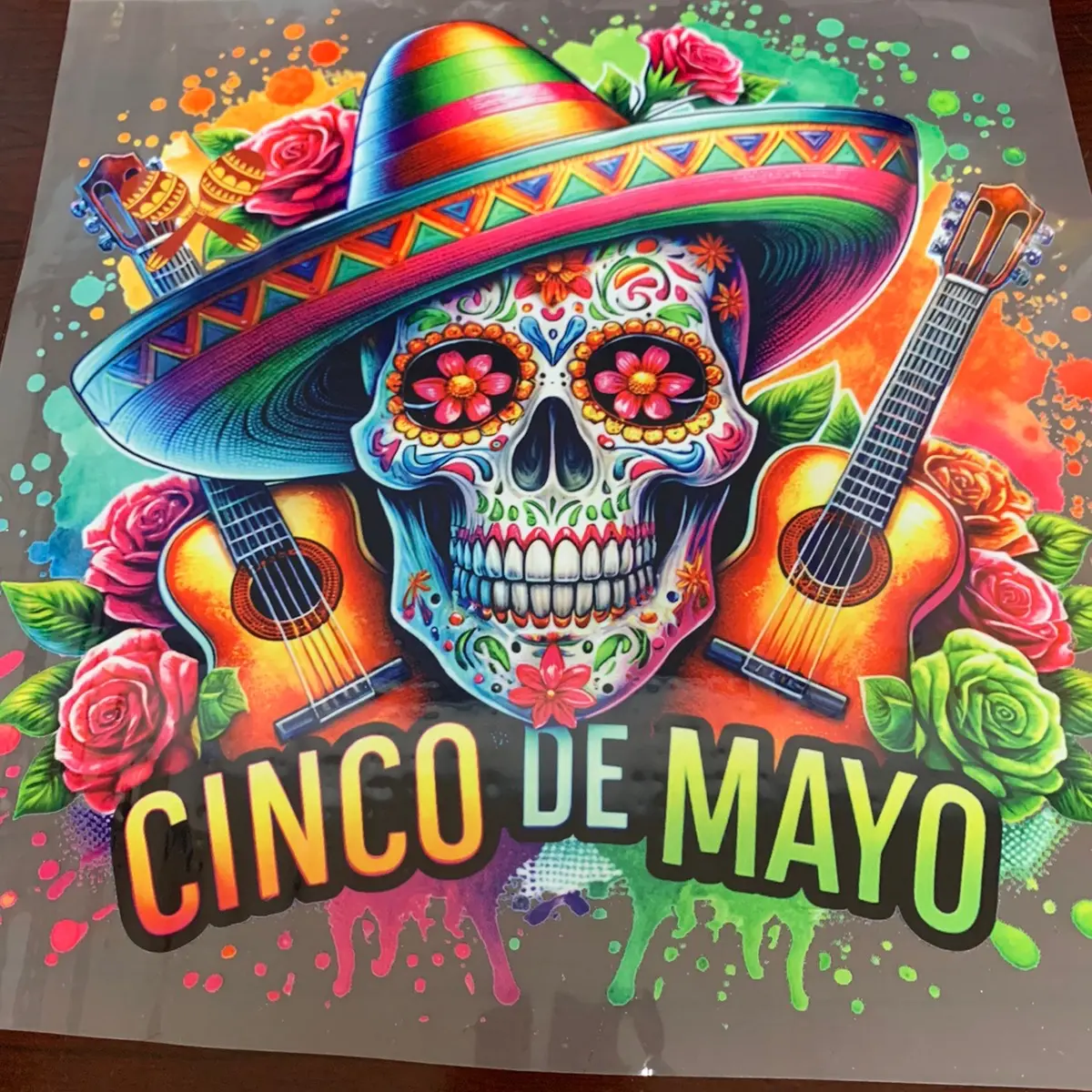 1 Dtf transfer Colorful Cinco de Mayo Skull guitar colorful flowers Ready to Heat Press transfer film
