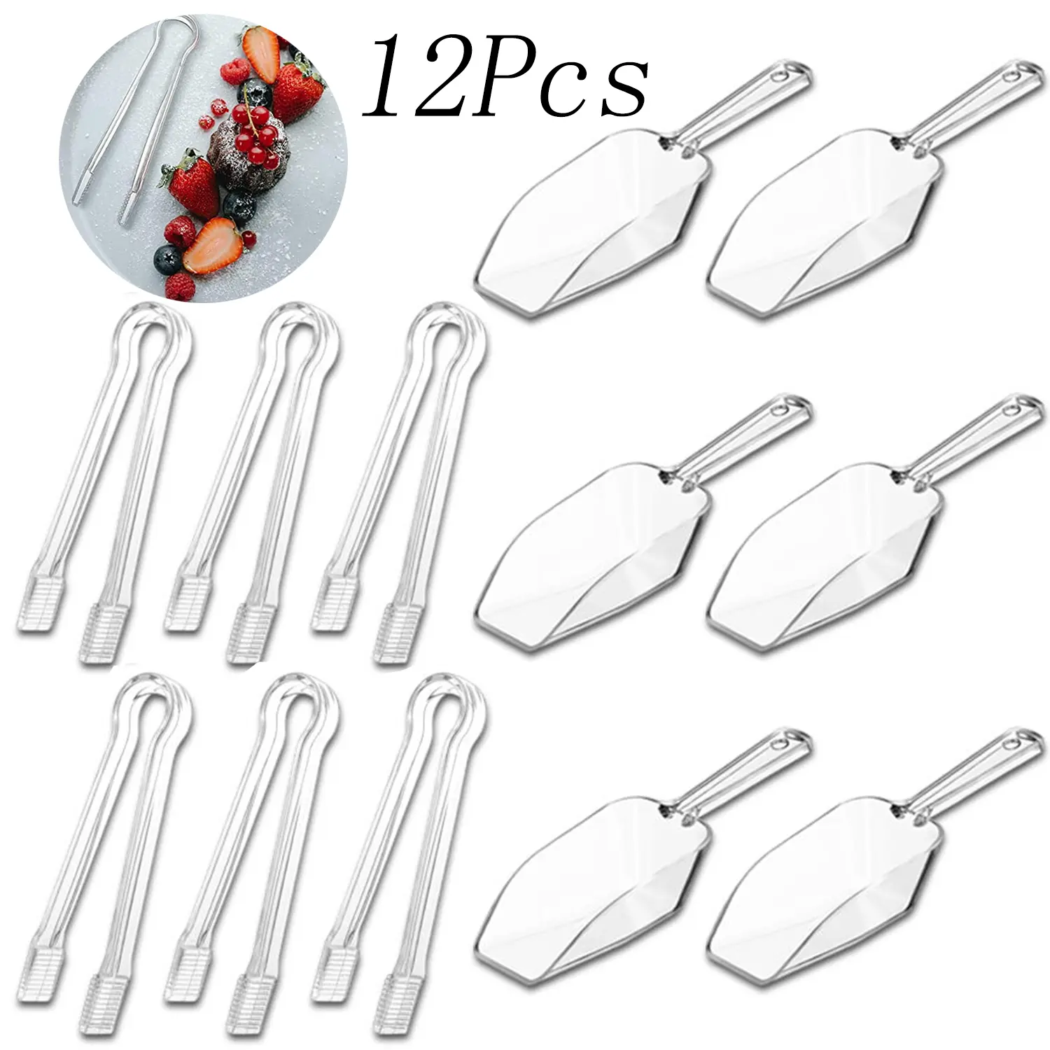 12 Pcs Clear Buffet Scoop,Plastic Kitchen Scoops,Utility Ice Shovel,and Plastic Clear Buffet Serving Tongs,Utility Appetizers Tong,Mini Kitchen Tongs,for Tea Party,Buffet