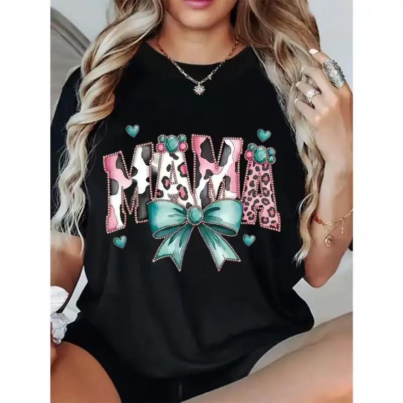 100% Cotton] Women'S Oversized Loose Fit Graphic T-Shirt - Mama Design With Hearts, Bows & Leopard Print, Soft Breathable Crew Neck Short Sleeve Casual Tee For Mother'S Day Gift, All-Season Comfort, Ladies T Shirts T-Shirt For Men And Women Womenswear Cow