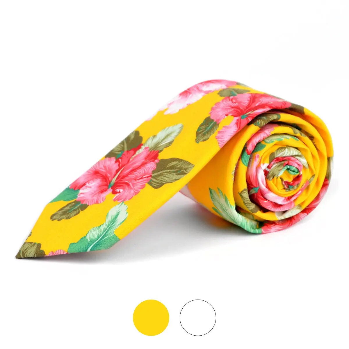 Men's Floral Cotton Tie, Modern Slim 2.5" Fashion Accessory for Weddings and Spring Events - Yellow or White Parquet, Gift Sets, 2.5 Inches Wide, 57-Inch, Flower Accents Neckties, Formal Neckties, Floral Print Tie, 2 Color Options