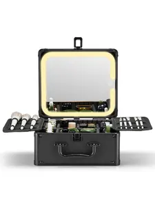 Makeup Box with A Detachable Lighted Mirror, Waterproof Travel Train Case, Cosmetic Organizer and Makeup Suitcase with Adjustable Dividers, Magnetic LED Mirror