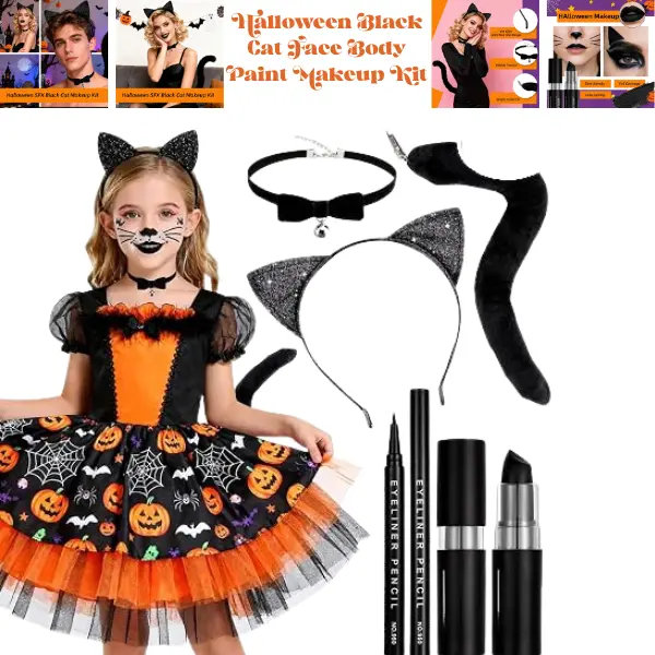 Halloween Black Cat Costume Makeup Kit for Adults, Cat Ears Headband, Black Face & Body Paint, Black Lipstick, Eyeliner, Tail & Bell Collar, Cosplay, SFX Makeup & Halloween Party Accessories
