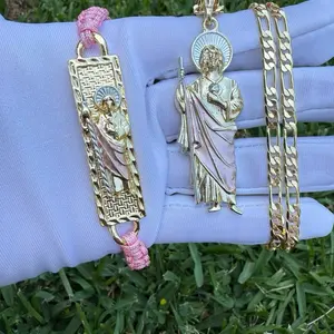 St Jude Necklace and Bracelet Set for Him or Her - Elegant Gold-Tone Religious Charm Jewelry for Any Occasion