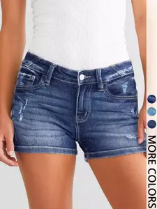 1 piece Women's Low Rise Distressed Denim Shorts, Frayed Hem Slim Fit Jean Shorts, Casual Summer Shorts for Daily Wear, Going Out, Beach & Music Festival
