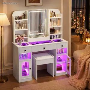 43.2" Modern Illuminated Multi-Function Glass-Top Makeup Vanity - LED Mirror, RGB Glass Light Cabinets, 3 Drawers, Storage Shelves, Stool, MDF+Glass Build, Easy Assembly for Bedroom, Glass-Top Makeup Vanities