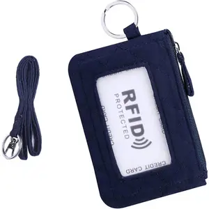 Iconic Zip ID Case Card Holder for Women,Signature Cotton Coin Purse with Id Window,RFID Blocking Change Pouch with Key Chain (Navy Blue)