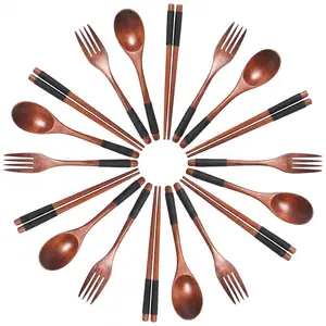 18 Pcs Wooden Utensils Set with Spoon Fork & Chopsticks, Reusable Natural Wood Cutlery Set for Kitchen Dining, Lunch Box Accessories, Eco Friendly Tableware for Home, Picnic, Camping & Travel, Practical Kitchen Gadgets and Dorm Essentials