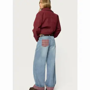 EDIKTED Plaid Cuffed Low Rise Baggy Jeans