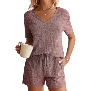 EKOUAER Summer V-Net Womens Ribbed Knit Lounge Set Short Sleeve Top and Shorts  Two Piece Outfits Set Pjs Pajama