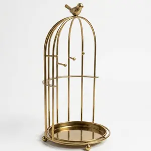 Gold Birdcage Jewelry Display Stand – Metallic Accessory Organizer with Hooks & Catch-all Tray