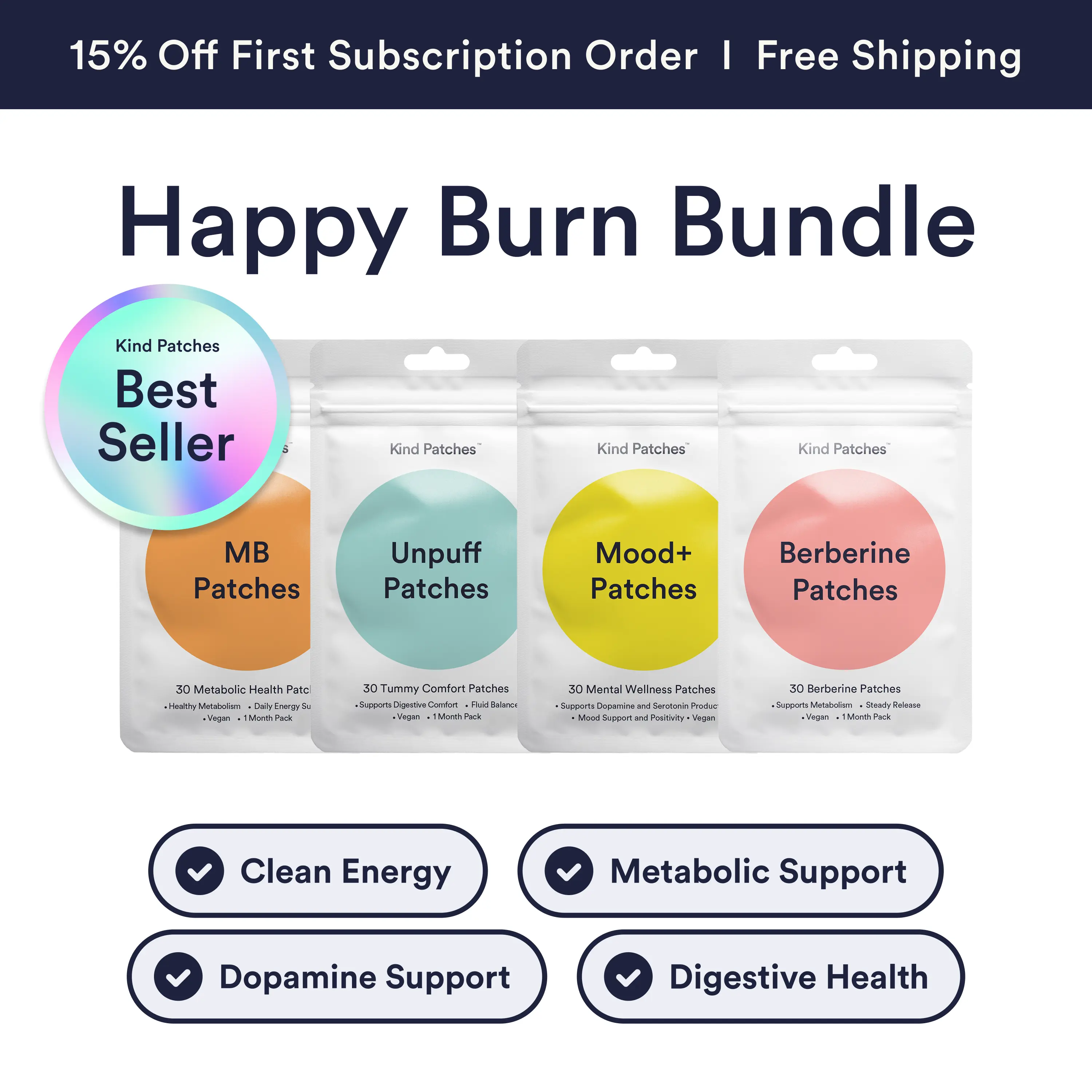 Kind Patches Happy Burn Bundle, Mood+ Patches + MB Patches + Berberine Patches + Unpuff Patches, Metabolic/Mood Support, Clean Energy, Balanced Gut, Digestive Health, Natural Ingredients, Vegan