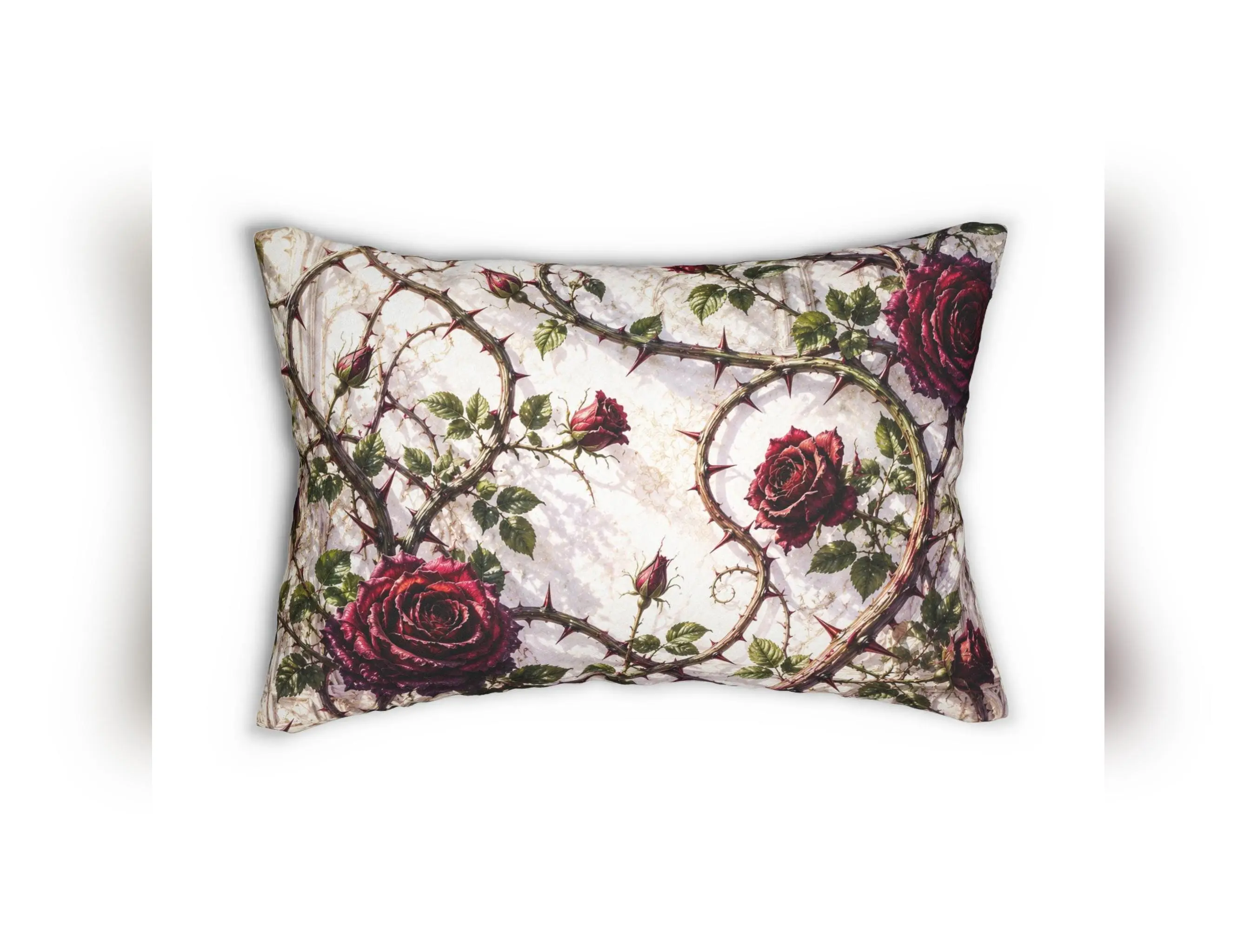 Vintage Red Rose Vine lumbar pillow | floral botanical decorative cushion