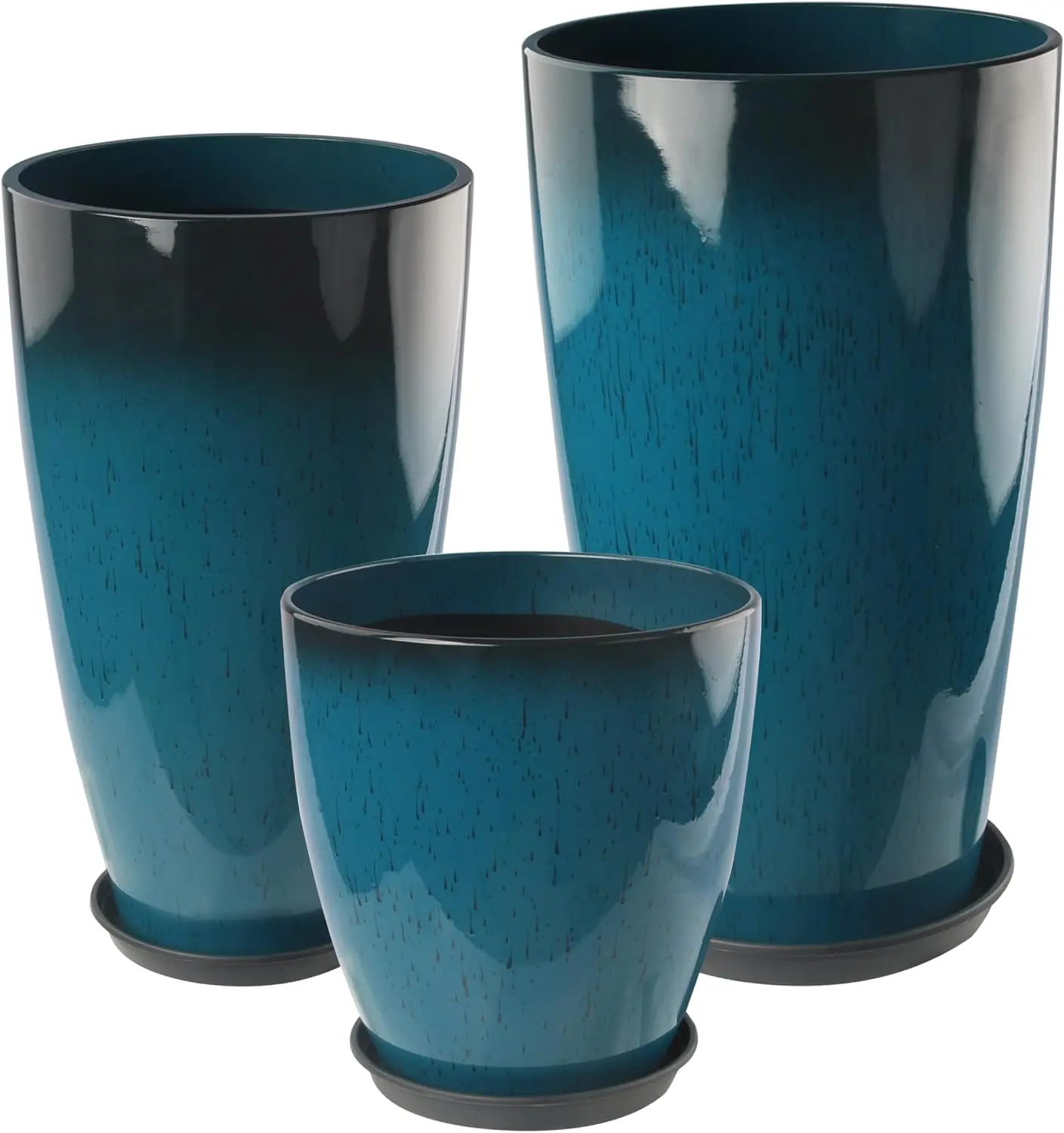 [Summer Sale Deals] 24-21-11 Inch Tall Planters Set of 3, Indoor Outdoor Blue Glossy Round Planter with Drainage Hole and Saucer, Large Decorative Plant Pots for Home Garden Porch (Blue)