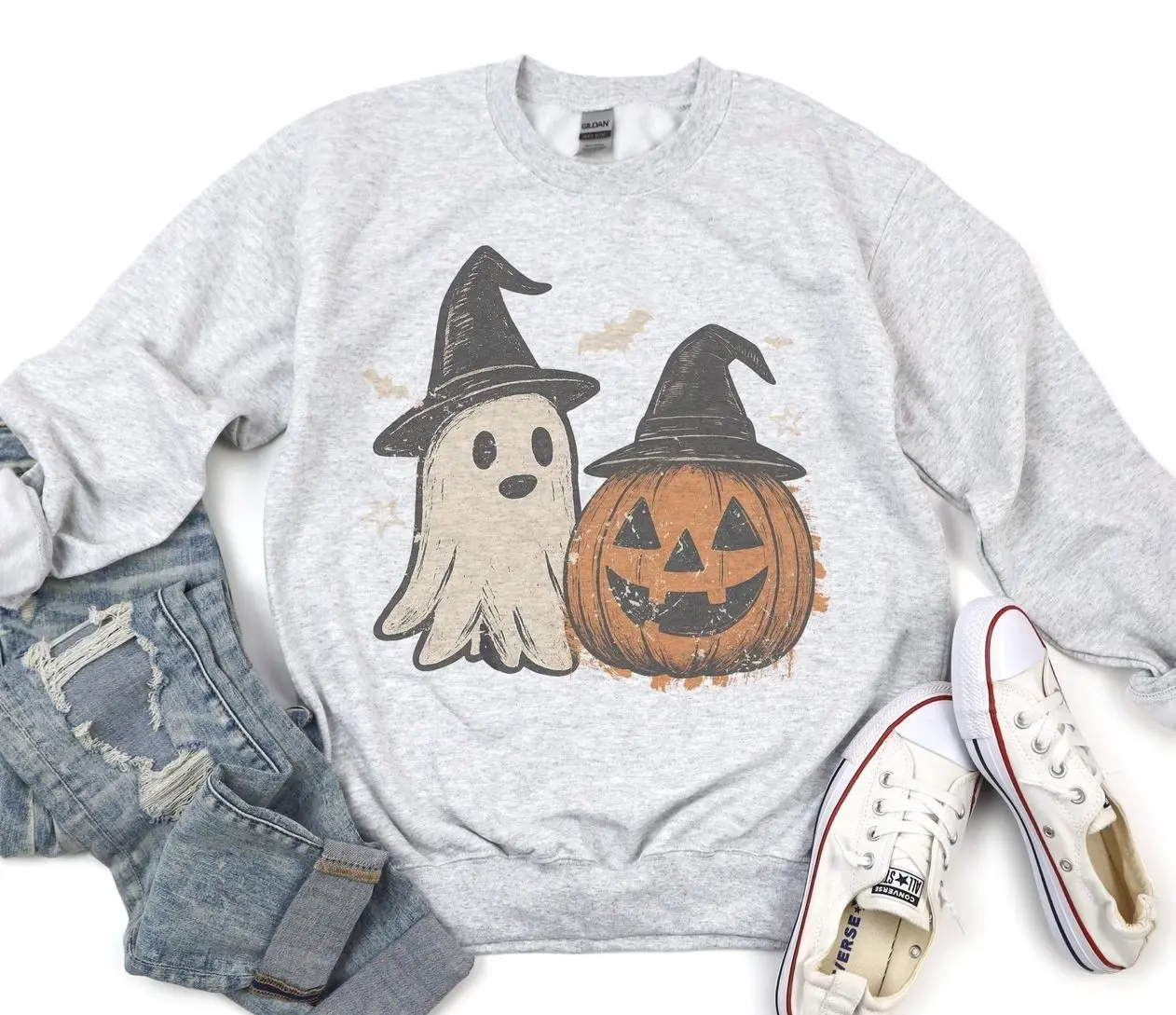 Ghost and Pumpkin Sweatshirt, Cute Witch Hat Ghost Crewneck, Spooky Jack O'Lantern Fall Pullover, Cute Spooky Season Halloween Outfit, Pumpkin Patch Graphic Apparel, Cozy Halloween Aesthetic Clothing, Cute Fall Holiday Gift for Women & Men
