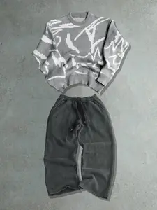 Street Casual Streetwear Set Unisex Sweater Long Sleeve Top & Printed Pants Two-Piece, Loose Fit Fall Winter Fashion