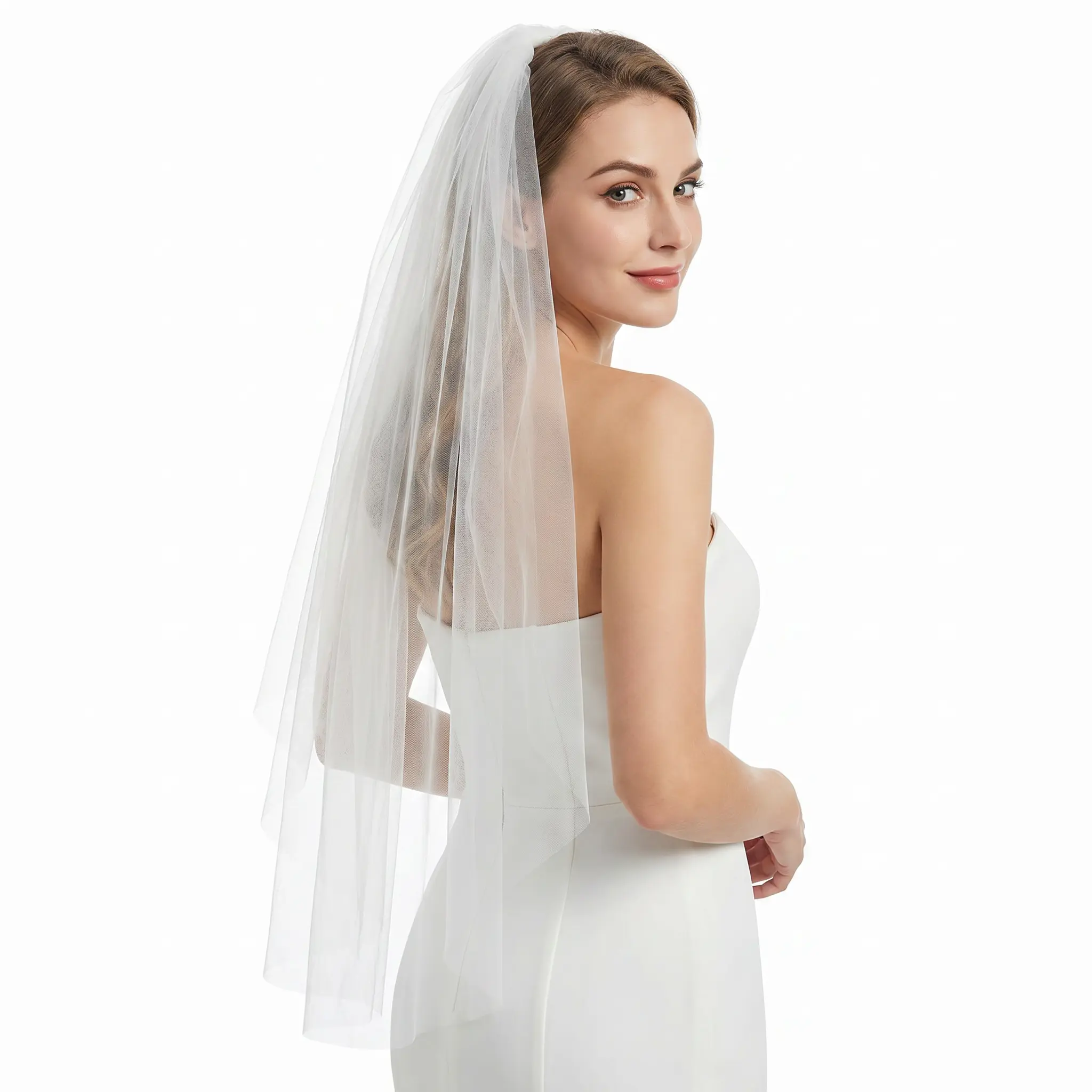 WYMLAMNZ Solid Ivory Swiss Tulle Bridal Veil, Lightweight 1-Tier Veil with Comb for Brides, Suitable for Church, Beach Weddings (4 Lengths Available), Outdoors, Comb Attachment, Plain, Ceremony