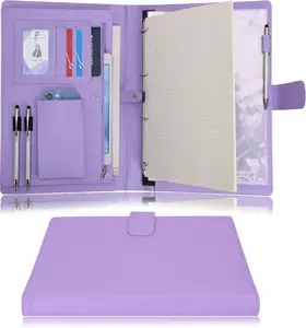 A4 PU Leather 3 & 4 Ring Holder Writing Portfolio Multi Document Case with Removable Binder Clipboard and Functional Pocket for Organizer Office Travel School (Purple)