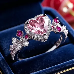 Women's Luxurious Heart-Shaped Wedding Ring - Pink Cubic Zirconia April Birthstone Promise Ring, Costume Jewelry for Valentine's Day Gifts or Everyday Wear