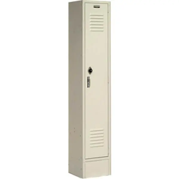 Global Industrial 652060TN Sturdy Durable Steel Single-Tier Paramount Locker, 12x12x60 in, 1 Door, 3-Point Positive Locking System, Chrome Latch, Double-Single Prong Coat Hooks, Leg, Ventilation, Finished Sides, Assembly Required, Tan