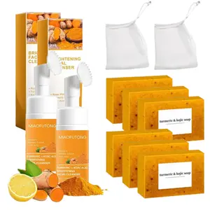 [TURMERIC&KOJIC]Turmeric Wash and Care tow Piece Set, Tuemeric Facial Cleanser & Turmeric Soap Combo, Turmeric Cleansing Mousse, Face Wash and Soap Bundle for Face & Body Deep Cleansing (1pc Turmeric Wash+3pc Soaps)