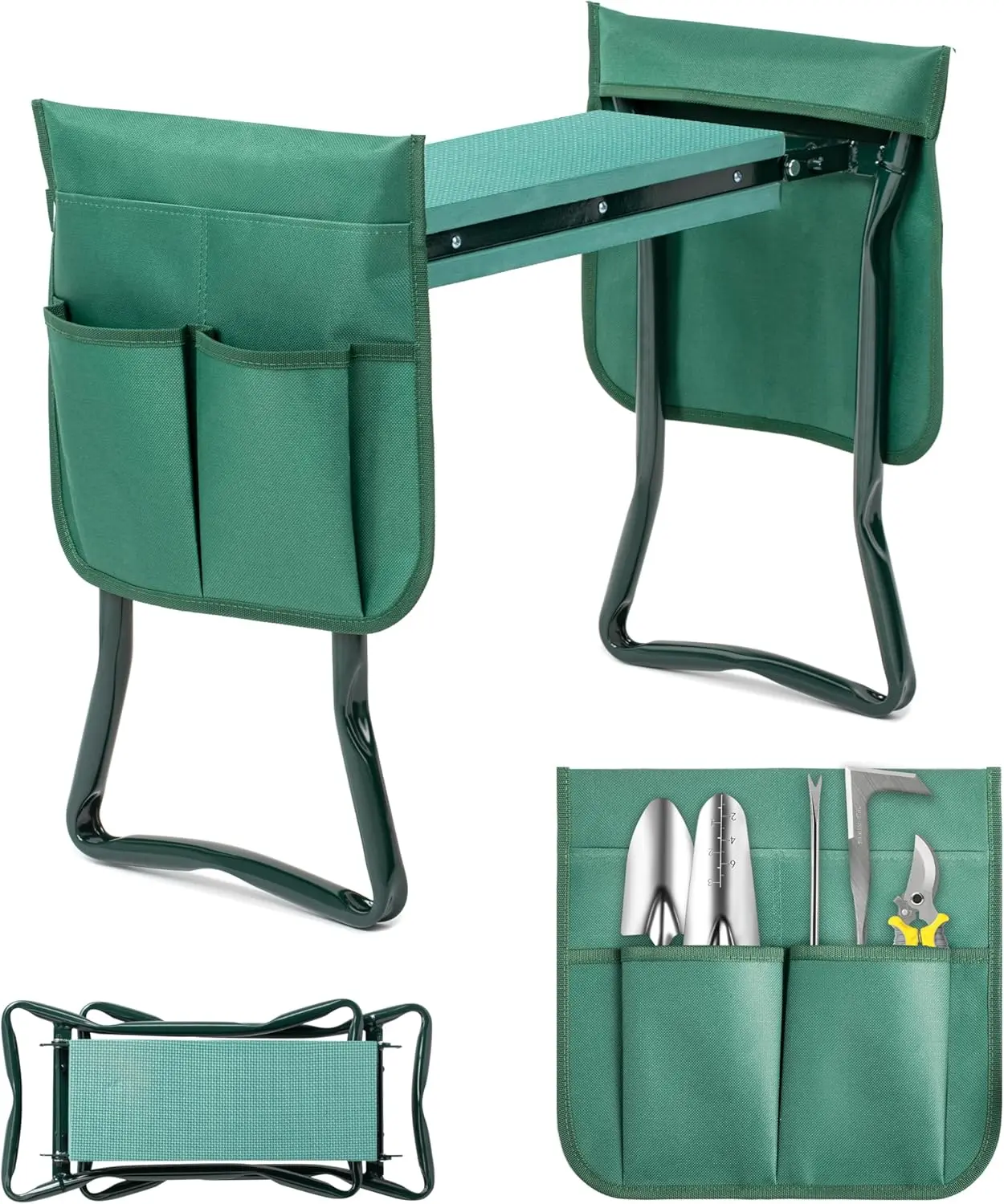 Portable Foldable Garden Kneeler-Seat Bench - Durable Steel Frame, Anti-Slip Soft EVA Cushioning, Tool Pouches & Apron, Folds Compactly for Gardening, Camping (Anti-Slip Gardening Workseats)