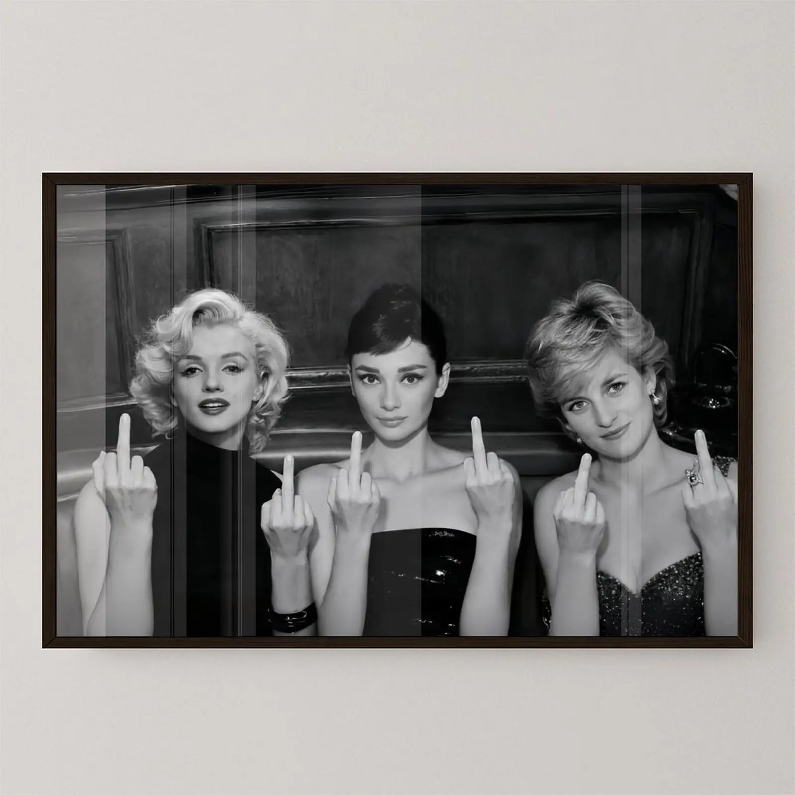 Marilyn Monroe Audrey Hepburn Princess Diana Funny Middle Finger Canvas Wall Art Black White Vintage Print Framed Poster Quirky Bathroom Bar Bedroom Trendy Home Decor Gift farmhouse minimalist