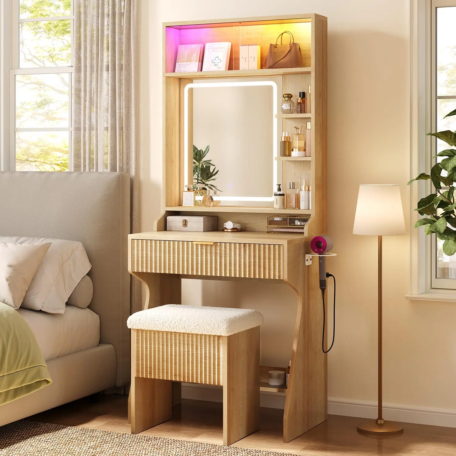 [SummerSale] Sikaic Small Vanity Desk with Mirror and Lights, Sound Sync LED Lights, Fluted Wood Compact Makeup Vanity Table Set with Teddy Fleece Chair, Storage Drawer, Shelves, Bedroom, Home Furniture, Dorm Essentials