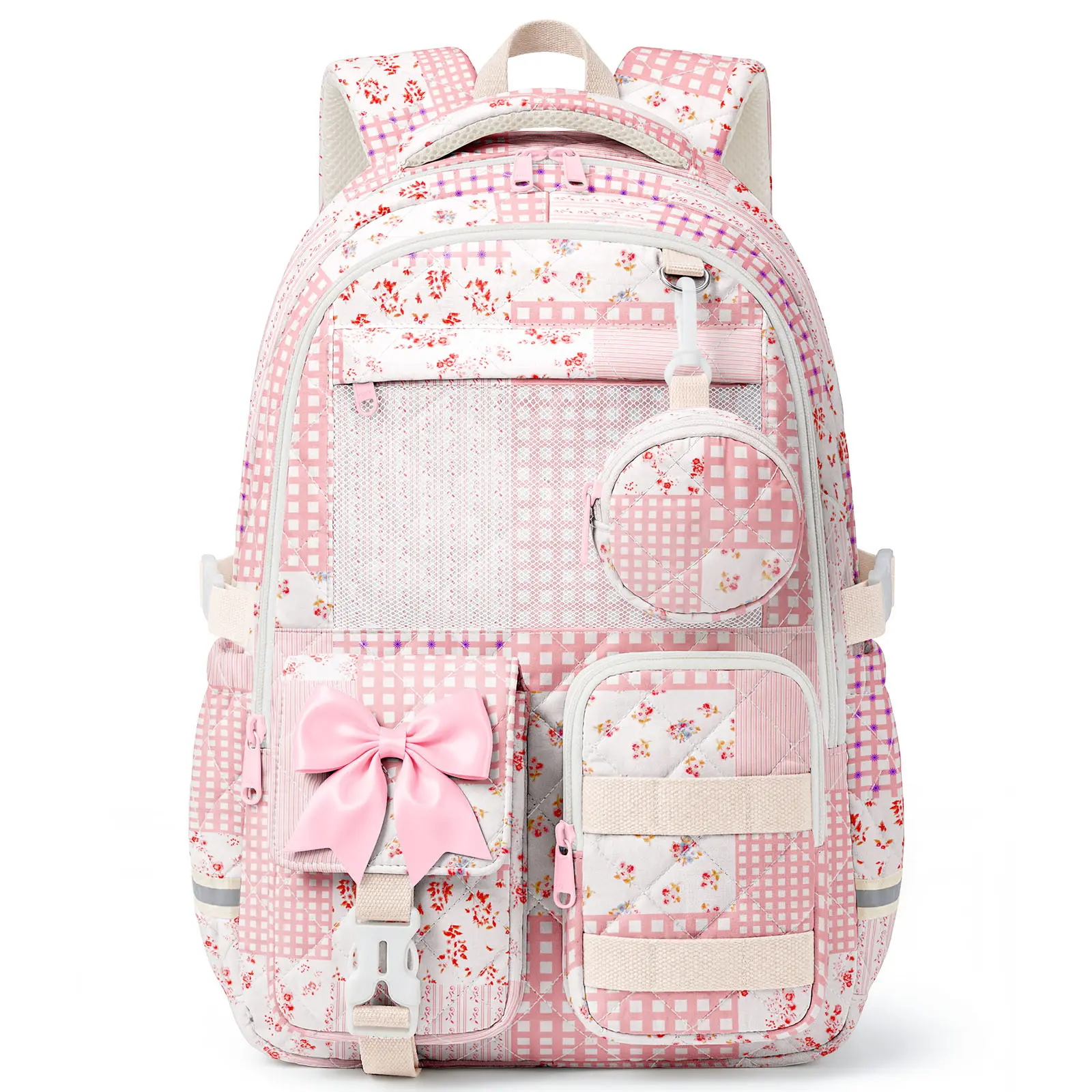 WOBAGMEN Sweet Quilted Patchwork Cloth Backpack for Teen Girls, 17.5in Floral Flowers School Bookbag with Mesh Display Pocket, Organizer for Pins Badges Plushies Daily Travel