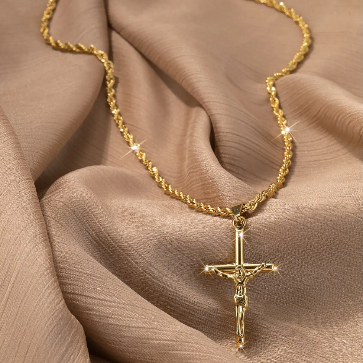 Vintage Gold-Plated Crucifix Necklace, Unisex Stainless Steel Cross Pendant with 3mm Rope Chain, Adjustable Spiritual Jewelry, Men's Accessories, Crucifix Necklaces, Unisex Wear, Gold Aesthetic, Casual, Men's Jewelry, Stylish Accessories, Everyday, Jesus,