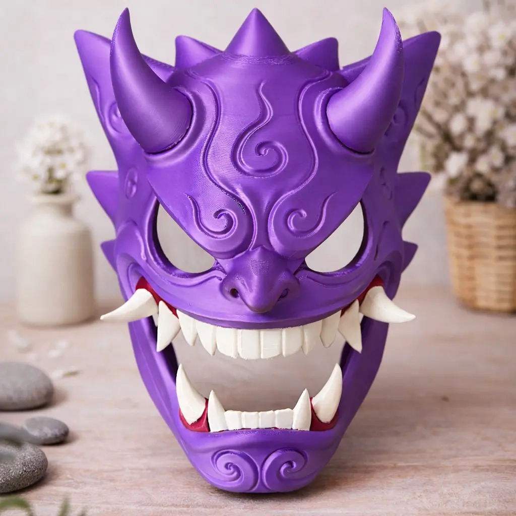 Purple Oni Mempo Horned Mask - 3D Full Color Printed Japanese Samurai Ghost-Type Cosplay Costume Accessory, Lightweight Devil Face Accessory, Standard Size Home Decor, Festive Party Gift, Cosplay Costume Accessories