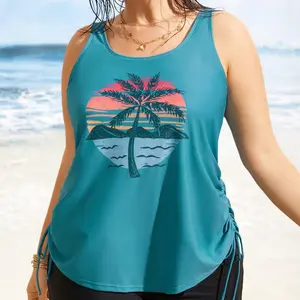 BLOOMCHIC Plus Size Island Print Drawstring Adjustable Tankini Swim Top - Drawstring Waist Mom's Bathing Suit, Trending Swimsuits 2026 [M-6X] Summer Pick 2026 Summer Vibes