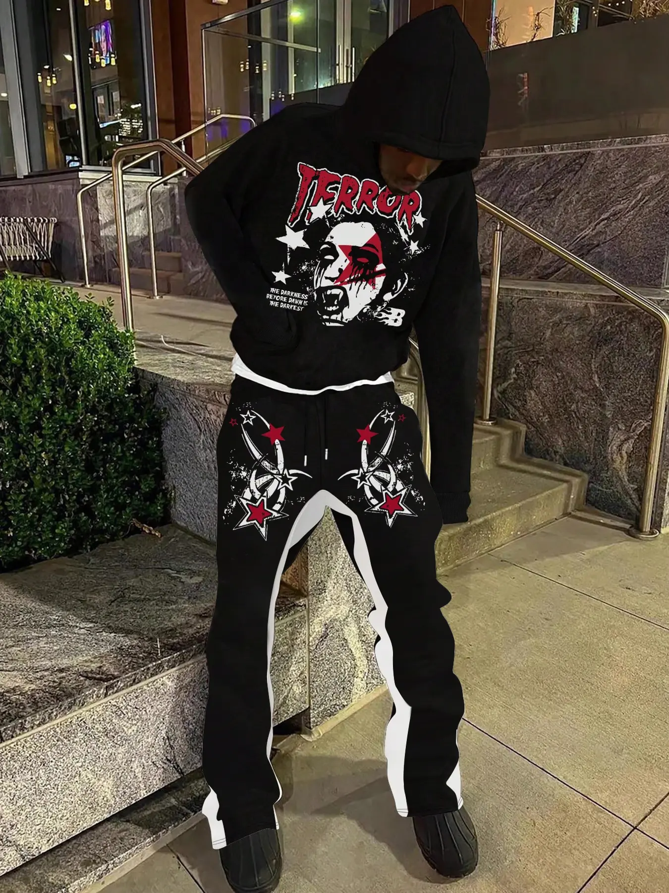 Comfortable Casual Hooded Sweatshirts Set with Vampire Brand Pattern, Long Sleeve Fitted Sweaters and Bell Bottom Flared Pants, Fall & Winter