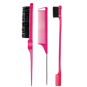 3 Count Comb Set for Teasing Edge and Back Brushing Rat Tail and Edge Combs Hair Stick for Styling Women's Haircare Smooth Heatless (Rose Pink)
