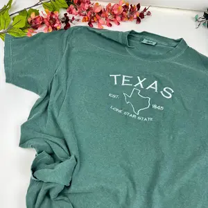 Texas Embroidered  Comfort colors T-shirt,- Texas T-Shirt. Custom state Shirt