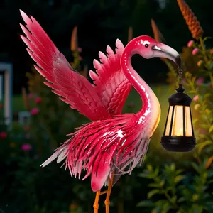 Art Deco Solar Flamingo Statue with Lantern, Metal Animal Sculpture for Garden, Patio, Balcony - Floor Mounted, Mother's Day Father's Day Gift, Valentines Gifts, Removable Photovoltaic, Outdoor Yard Art Lawn Ornament