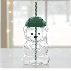 Bear Cup 20oz 2026 Cute Glass Tumbler with Straw & Lid Holiday Gift for Her Teens Girls Reusable for Iced Coffee Boba Smoothie Xmas Stocking Stuffer Candy Cane Stripes