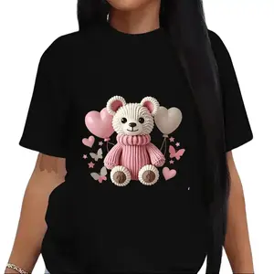 Women's Soft T-Shirt with Adorable Teddy Bear & Balloon Print – Short Sleeve, Casual Round Neck Top, Lightweight & Stretchy for Casual Attire, Casual Daily Wear |   Girly Casual Style | Comfortable Fit