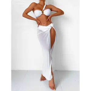 3 Pieces One shoulder Link Bikini 2026 Women & Skirt Swimsuit Solid Swimwear Female Bathers Bathing Swimming Swim Suit