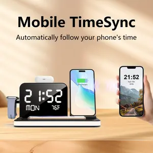 Latest 2024 model, 7 In 1 Charging Station With Clock, Dual Phone Wireless Charger With Night Light, Mobile TimeSync Temperature, 30W Adapter, Fast Charger For All Wireless Charging Phone (iPhone/ Samsung) & Airpods& IWatch Smartphone Cellphone