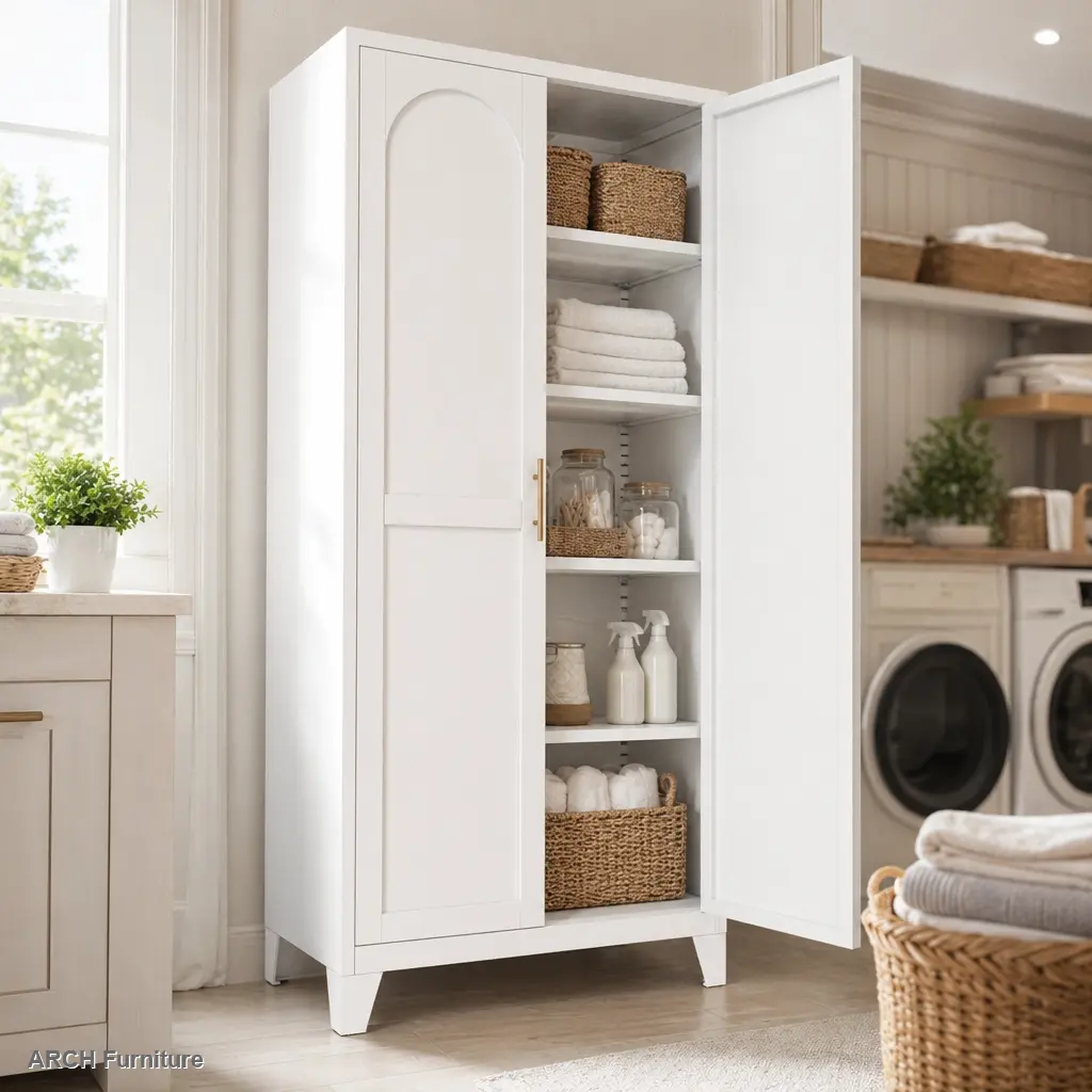 71-in Premium Steel Arch Sideboard Buffet Cabinet - 2 Shapely Doors, Adjustable Shelves Cabinets, Sturdy White Indoor Furniture for Kitchen, Hallway - Assembly Required