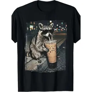 Funny Raccoon Drinking Iced Coffee T-Shirt - Retro Vintage Meme Graphic Tee Suitable for Men & Women, Casual Round Neck Shirt with Raccoon, Machine Washable for Year-Round Wear, Humorous Animal Apparel for Parties & Everyday Outfits