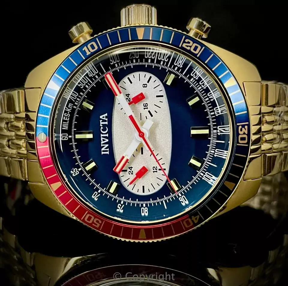 Invicta Men's Speedway Monaco Edition Stainless Steel Analog Watch, 43mm Gold-Tone Tri-Time Business Chronograph with Blue Dial, 100m Water Resistant, Business Fashion Watch, Round Dial Analog, Waterproof, 50M - 100M